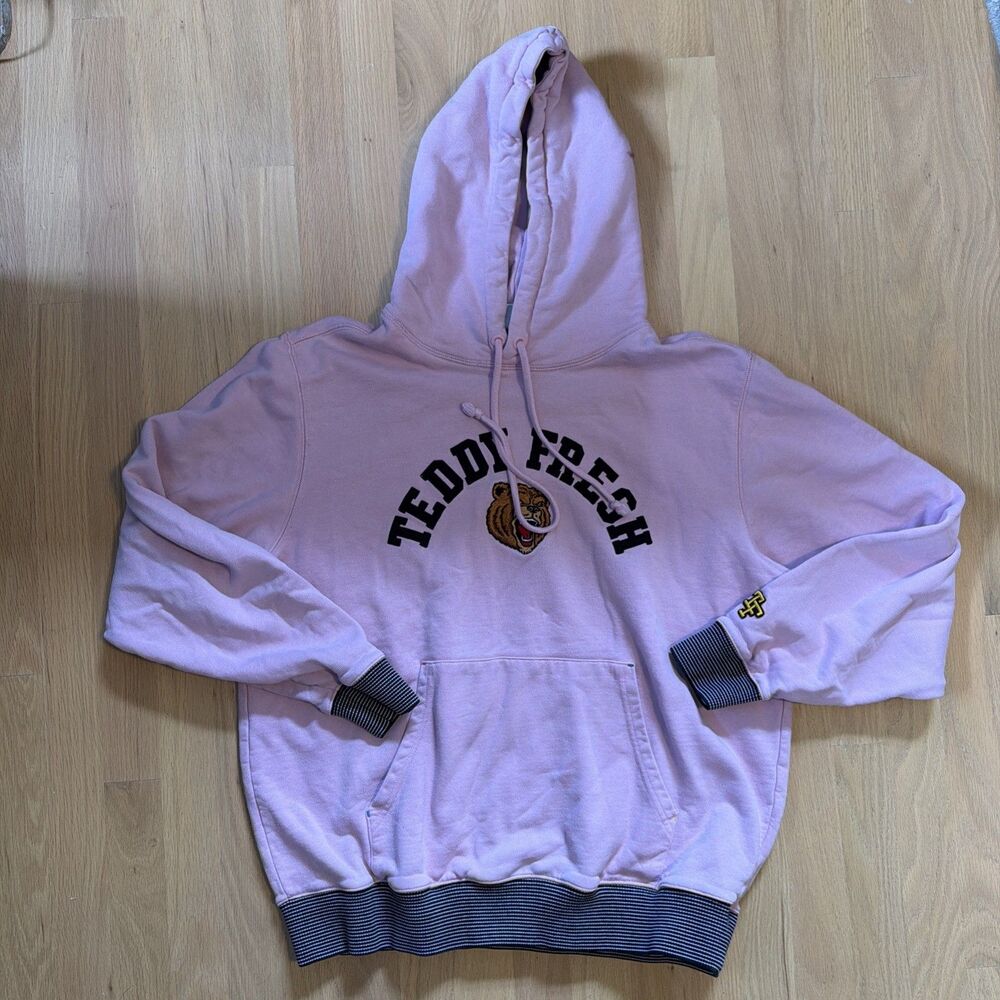 Teddy Fresh Collegiate Hoodie Embroidered Bear Logo Sweatshirt Large Pink